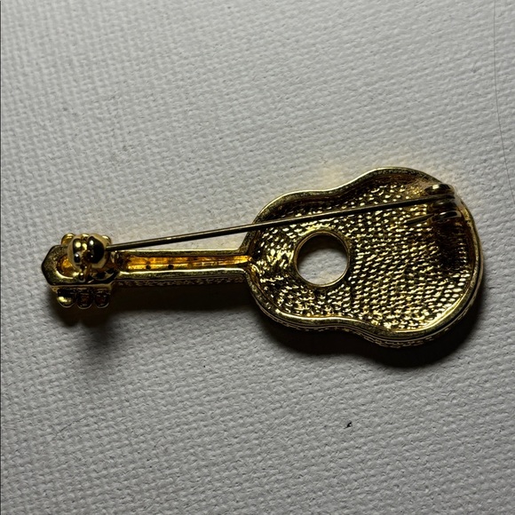 Guitar Brooch Pin with Rhinestones Painted black on goldtone metal - Picture 3 of 4
